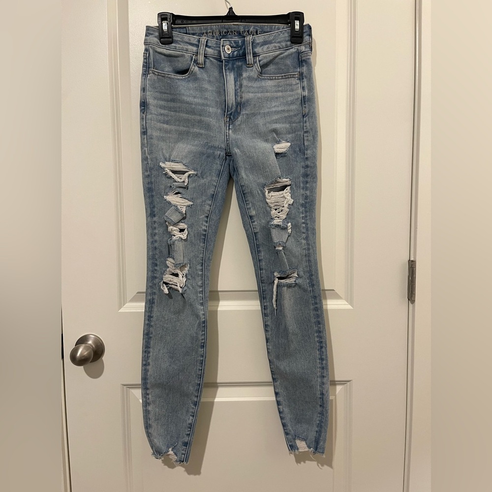 American Eagle Blue Distressed Super High Rise Jegging Jeans Next Level Stretch